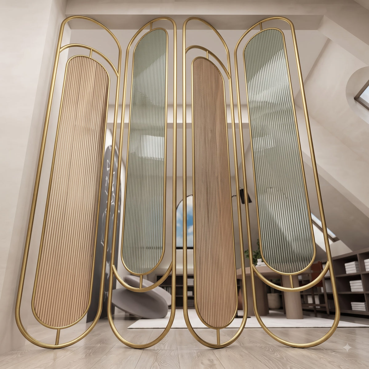 Luxury Golden Oval Frame Room Divider – Modern Ribbed Glass & Decorative Slat Partition