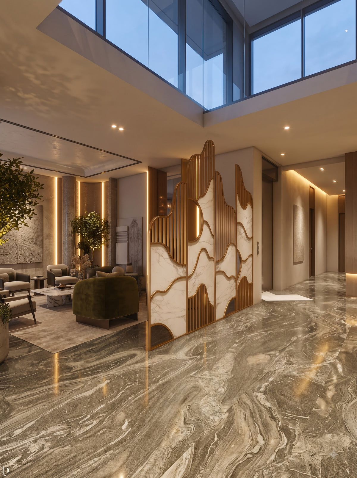 Luxury Golden Wavy Marble Room Divider – Modern Designer Decorative Partition Screen