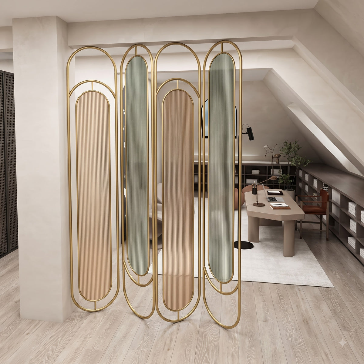 Luxury Golden Oval Frame Room Divider – Modern Ribbed Glass & Decorative Slat Partition