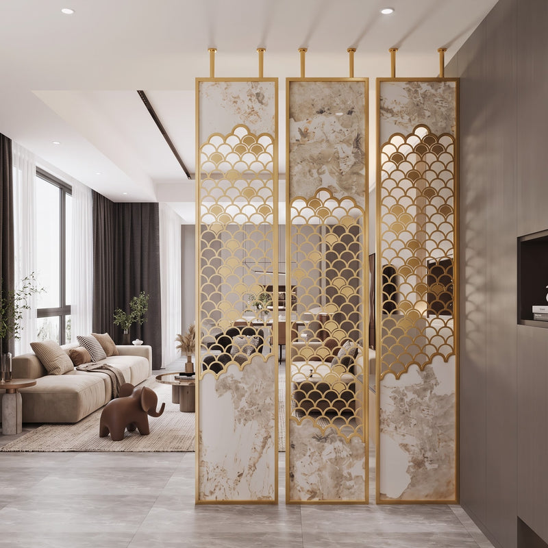 Luxury Gold Scallop Pattern Room Divider with Marble-Look Panels