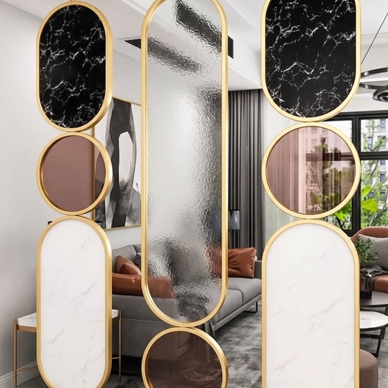 Luxury Golden Frame Marble & Textured Glass Decorative Room Divider – Modern Designer Partition