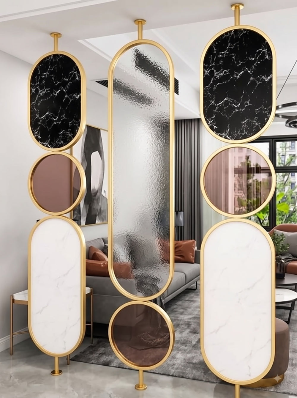 Luxury Golden Frame Marble & Textured Glass Decorative Room Divider – Modern Designer Partition