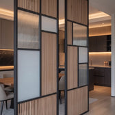 Modern Black Frame Wooden Slat Room Divider with Frosted Glass Panels – Luxury Geometric Interior Partition