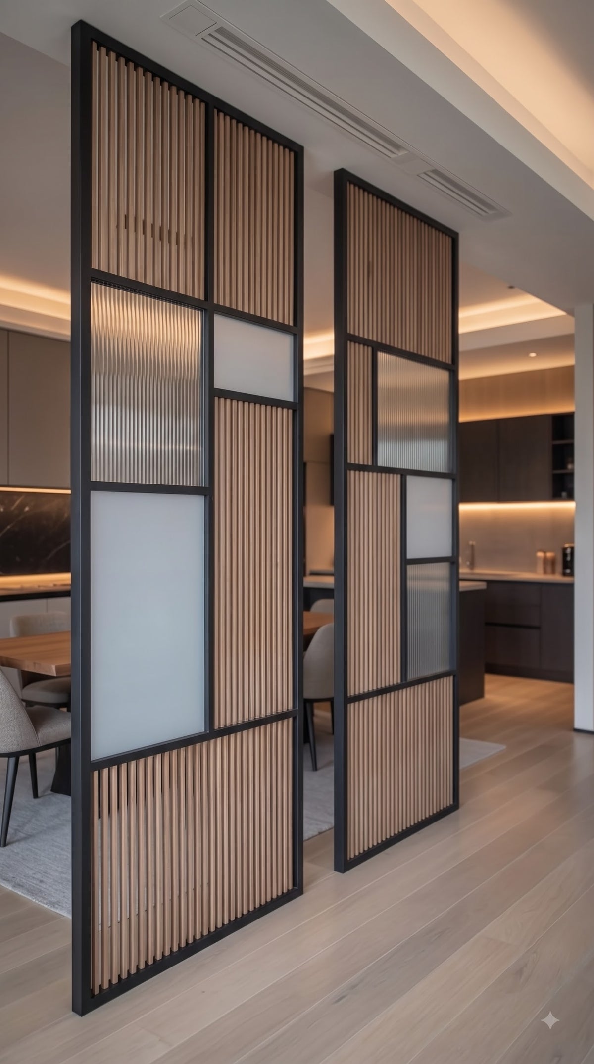 Modern Black Frame Wooden Slat Room Divider with Frosted Glass Panels – Luxury Geometric Interior Partition