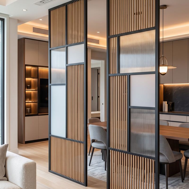 Modern Black Frame Wooden Slat Room Divider with Frosted Glass Panels – Luxury Geometric Interior Partition
