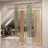 Luxury Golden Oval Frame Room Divider – Modern Ribbed Glass & Decorative Slat Partition