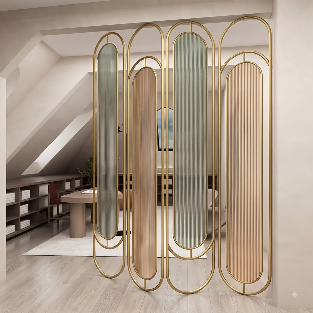 Luxury Golden Oval Frame Room Divider – Modern Ribbed Glass & Decorative Slat Partition