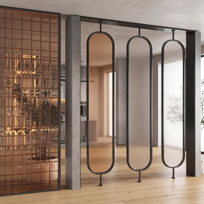 Luxury Black Frame Room Divider with Bronze & Textured Glass Panels – Modern Designer Partition | Kraft Vision