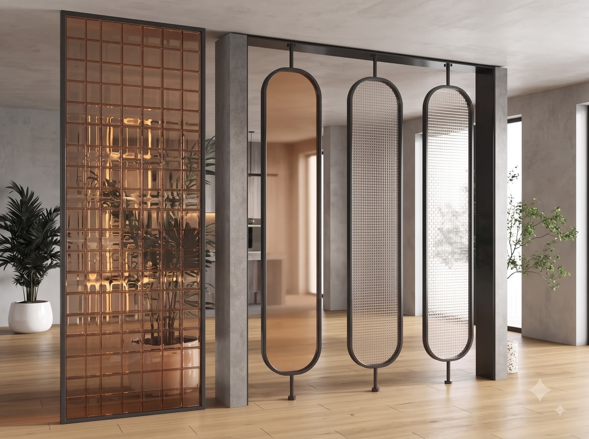 Luxury Black Frame Room Divider with Bronze & Textured Glass Panels – Modern Designer Partition | Kraft Vision