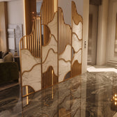 Luxury Golden Wavy Marble Room Divider – Modern Designer Decorative Partition Screen