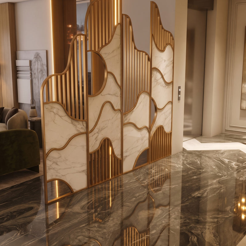 Luxury Golden Wavy Marble Room Divider – Modern Designer Decorative Partition Screen
