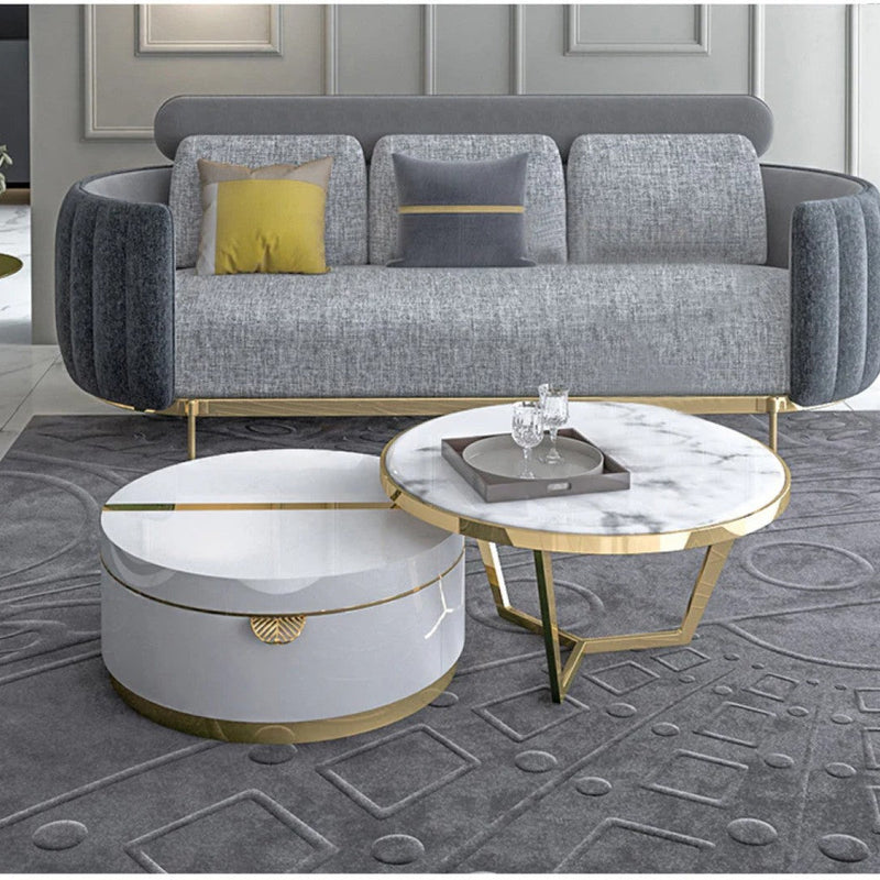 Luxury Round Marble Coffee Table Set with White Storage Base & Golden Accents - marble center table for living room - view 1 | Kraft Vision