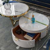 Luxury Round Marble Coffee Table Set with White Storage Base & Golden Accents - marble center table for living room - view 3 | Kraft Vision