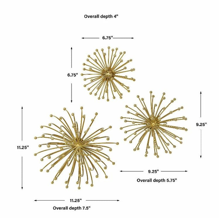 3D Abstract Burst Metal Wall Art – Golden Wall Sculpture (Set of 3)