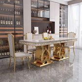 Luxury White Marble Dining Table with Sculptural Gold Metal Base and Matching Chairs