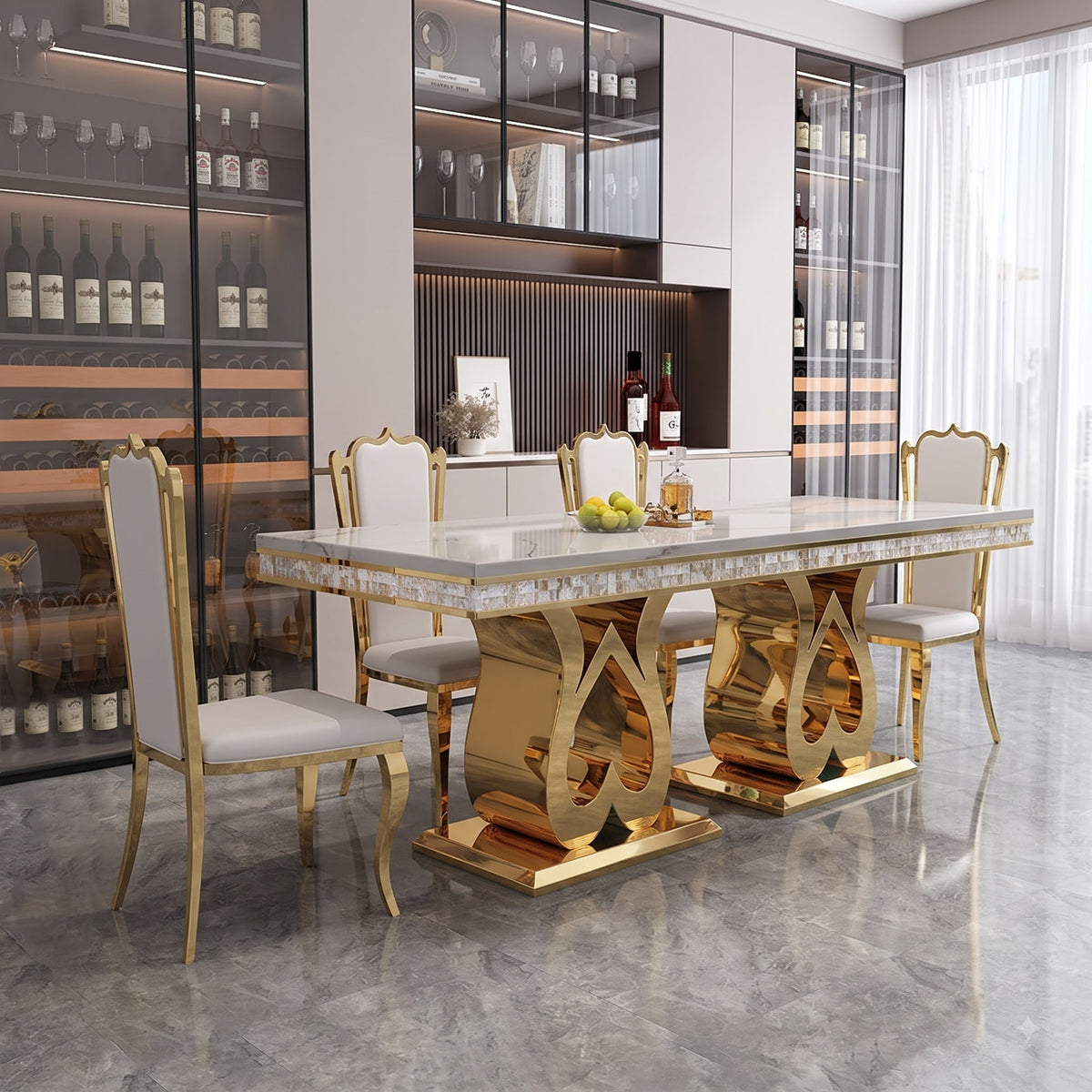 Luxury White Marble Dining Table with Sculptural Gold Metal Base and Matching Chairs