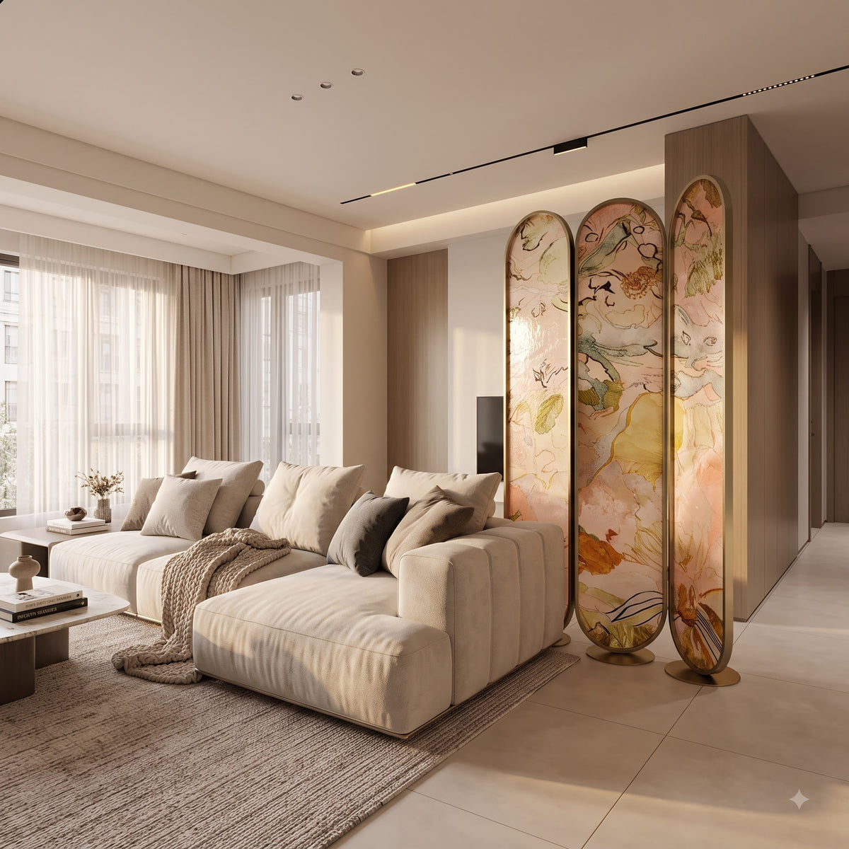 Luxury Artistic Floral Glass Room Divider with Golden Frame – Modern Decorative 3 Panel Partition