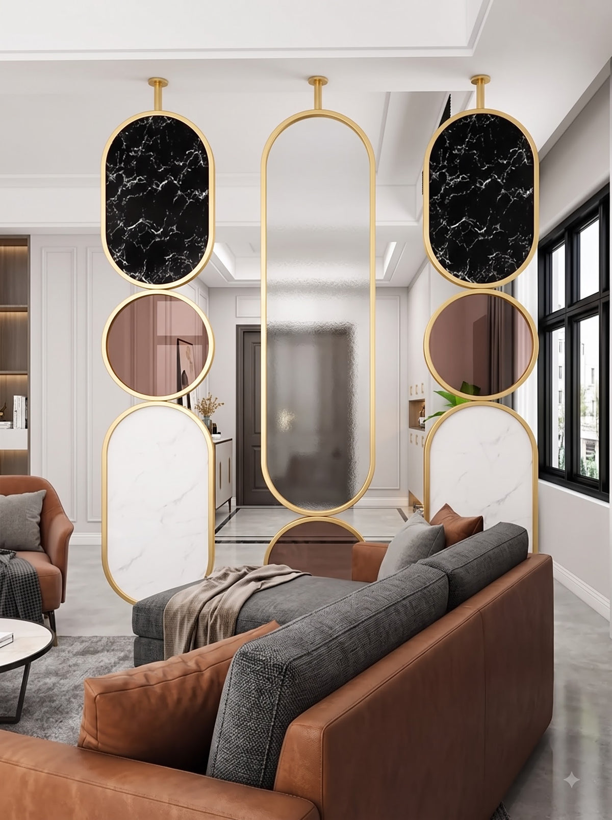 Luxury Golden Frame Marble & Textured Glass Decorative Room Divider – Modern Designer Partition