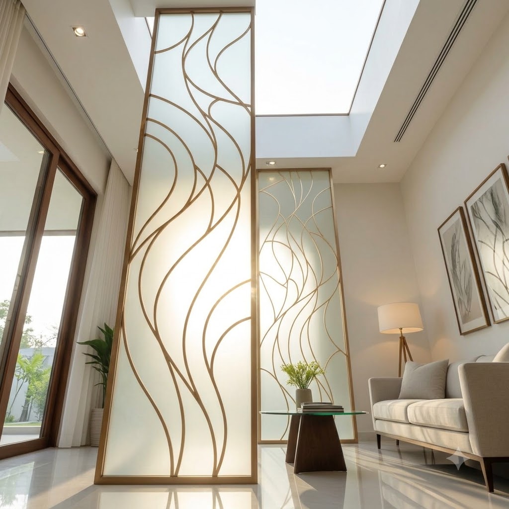 Modern Gold Wave Pattern Room Divider – Elegant Decorative Glass Partition