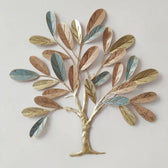 Elegant Tree Metal Wall Art – Gold, Copper & Blue Leaf Design - gold-finished metal wall art for living room wall - view 3 | Kraft Vision