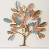 Elegant Tree Metal Wall Art – Gold, Copper & Blue Leaf Design - gold-finished metal wall art for living room wall - view 5 | Kraft Vision
