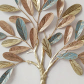 Elegant Tree Metal Wall Art – Gold, Copper & Blue Leaf Design - gold-finished metal wall art for living room wall - view 2 | Kraft Vision