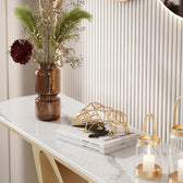 Luxury Gold Console Table with White Marble-Look Top and Sculptural Interlocking X-Shape Base – Modern Designer Entryway Table for Living Room, Hallway, Foyer and Luxury Home Decor