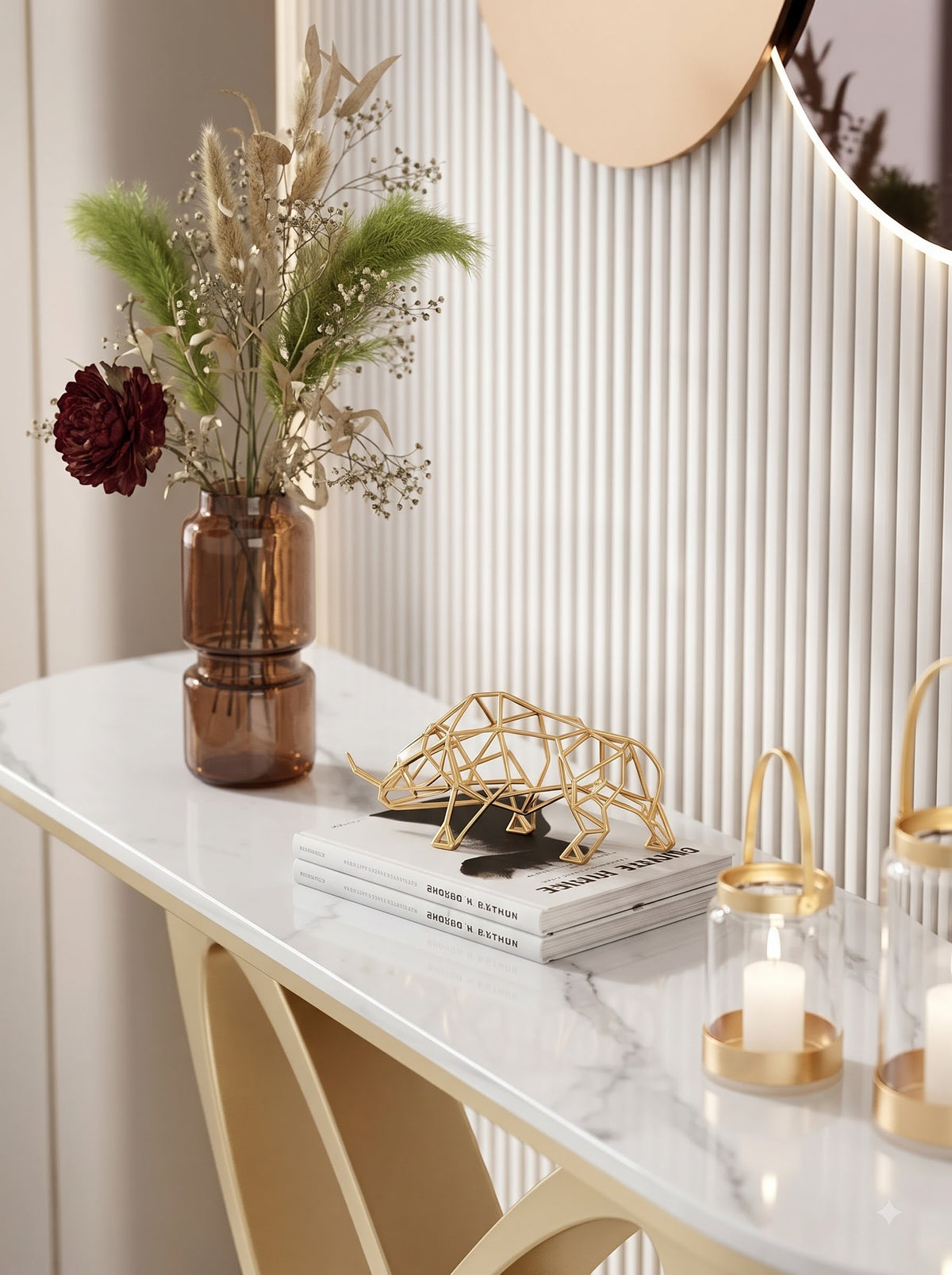 Luxury Gold Console Table with White Marble-Look Top and Sculptural Interlocking X-Shape Base – Modern Designer Entryway Table for Living Room, Hallway, Foyer and Luxury Home Decor