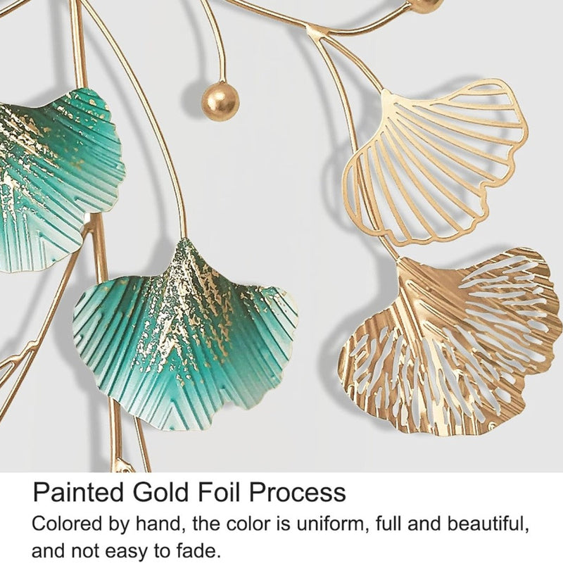 Ginkgo Leaf Metal Wall Art – Green & Gold Hanging Décor - gold-finished metal wall art for living room wall - view 1 | Kraft Vision