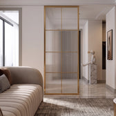 Modern Luxury Gold Frame Fluted Glass Partition – Tall Ribbed Glass Room Divider for Elegant Contemporary Interiors
