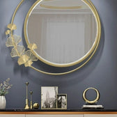 Elegant Gold Framed Circular Mirror with Ginkgo Leaf Design - gold-finished metal furniture for entryway or bedroom - view 2 | Kraft Vision