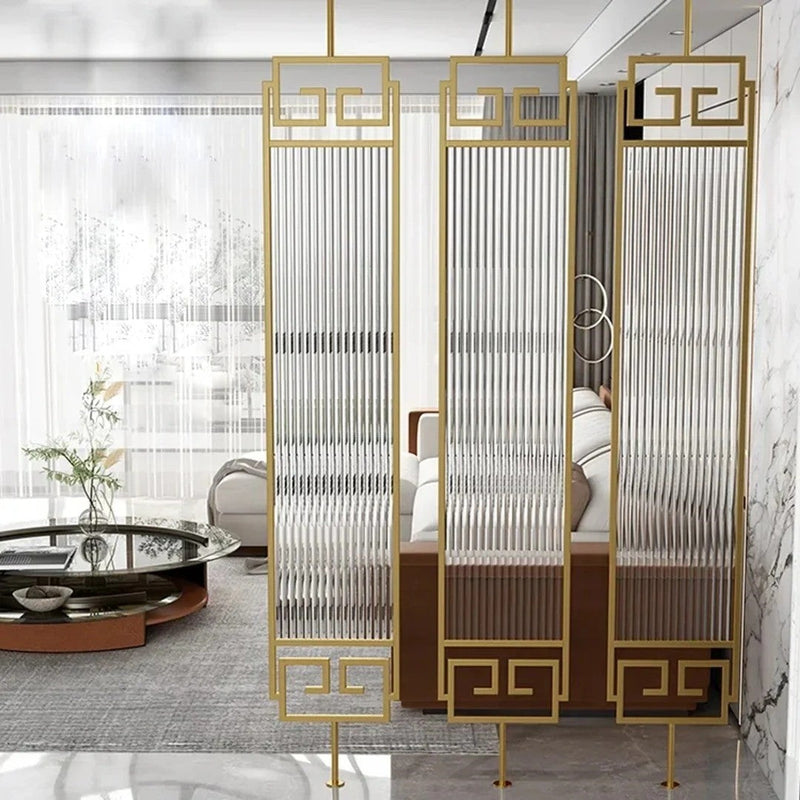 Luxury Gold Partition with Fluted Glass & Greek Key Design - gold-finished metal Room Divider for living room - view 1 | Kraft Vision