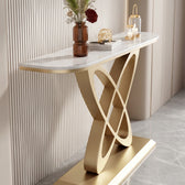 Luxury Gold Console Table with White Marble-Look Top and Sculptural Interlocking X-Shape Base – Modern Designer Entryway Table for Living Room, Hallway, Foyer and Luxury Home Decor