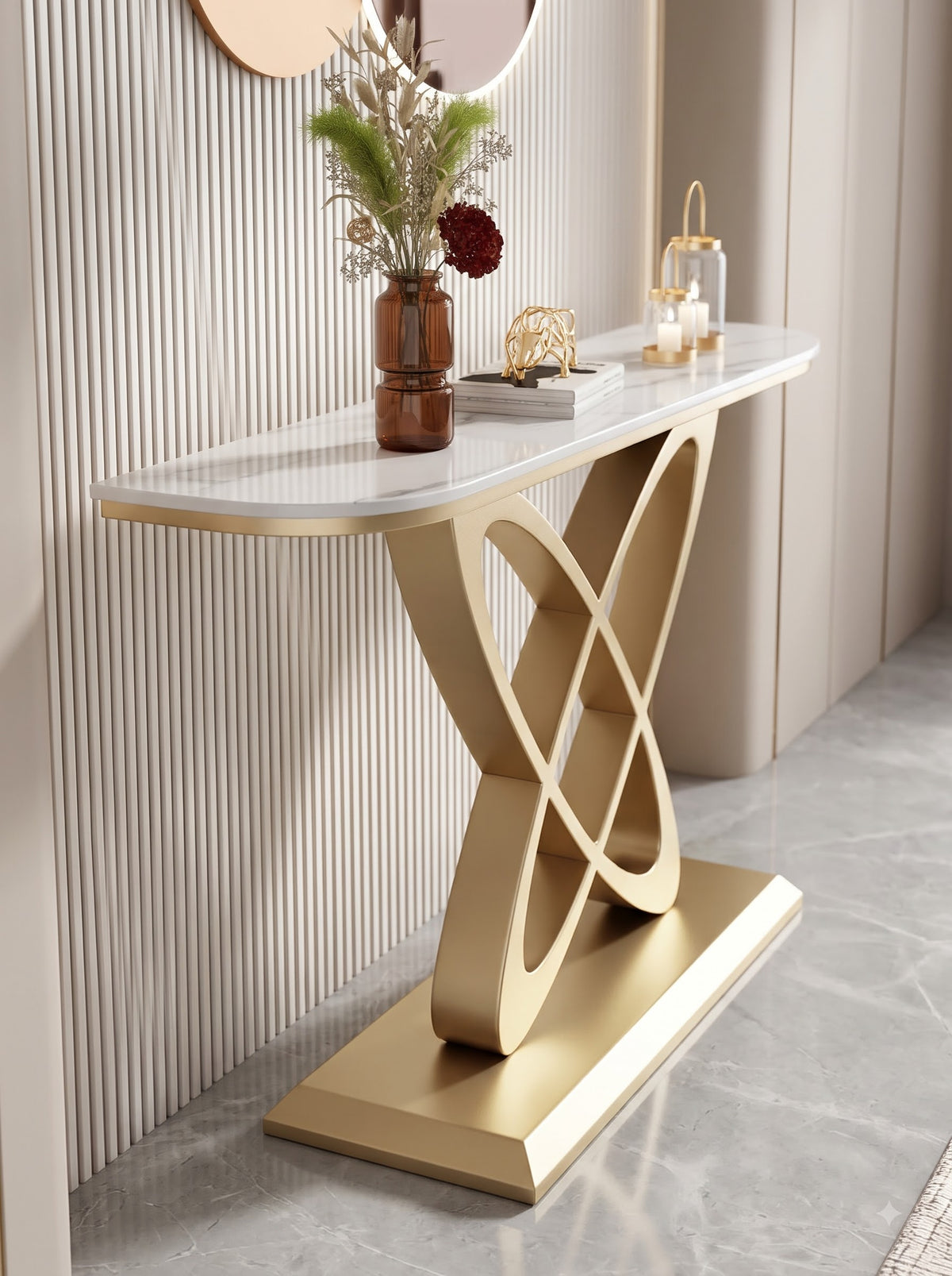 Luxury Gold Console Table with White Marble-Look Top and Sculptural Interlocking X-Shape Base – Modern Designer Entryway Table for Living Room, Hallway, Foyer and Luxury Home Decor