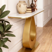 Luxury Gold Console Table with White Marble-Look Top and Sculptural Teardrop Pedestal Base – Modern Designer Entryway Table for Living Room, Hallway, Foyer and Elegant Home Decor