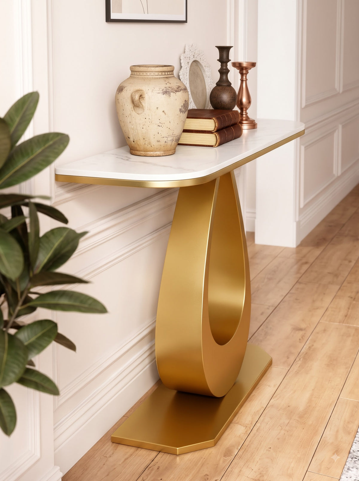 Luxury Gold Console Table with White Marble-Look Top and Sculptural Teardrop Pedestal Base – Modern Designer Entryway Table for Living Room, Hallway, Foyer and Elegant Home Decor