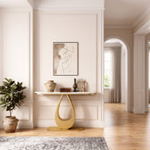 Luxury Gold Console Table with White Marble-Look Top and Sculptural Teardrop Pedestal Base – Modern Designer Entryway Table for Living Room, Hallway, Foyer and Elegant Home Decor