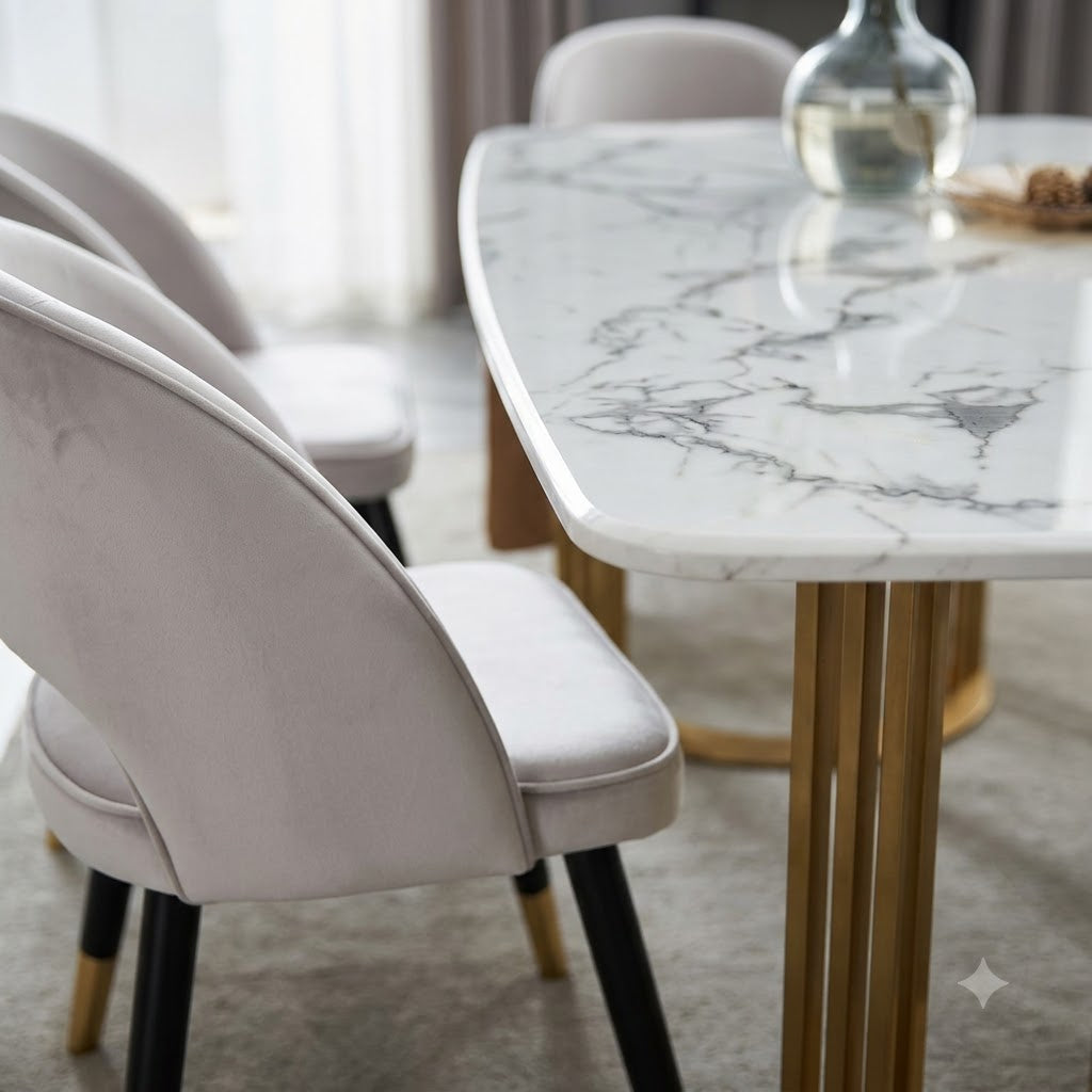 Modern Marble Dining Table Set with Gold Metal Legs and Elegant Upholstered Chairs