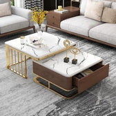 Luxury White Marble Coffee Table Set with Wooden Base, Golden Frame & Storage Drawer - marble center table for living room - view 1 | Kraft Vision