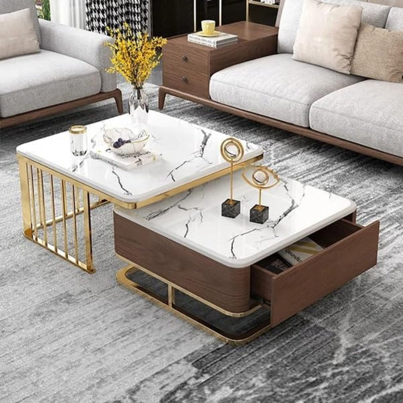 Luxury White Marble Coffee Table Set with Wooden Base, Golden Frame & Storage Drawer - marble center table for living room - view 1 | Kraft Vision