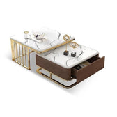 Luxury White Marble Coffee Table Set with Wooden Base, Golden Frame & Storage Drawer - marble center table for living room - view 3 | Kraft Vision