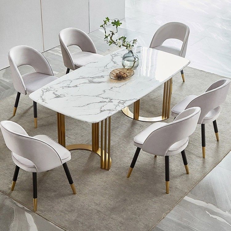 Modern Marble Dining Table Set with Gold Metal Legs and Elegant Upholstered Chairs