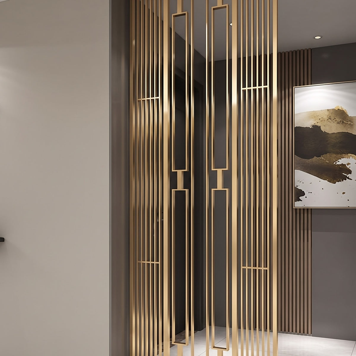 Luxury Golden Metal Room Divider with Geometric Vertical Slats – Modern Decorative Partition Screen