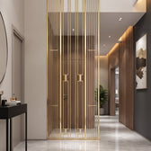 Luxury Golden Metal Room Divider with Geometric Vertical Slats – Modern Decorative Partition Screen