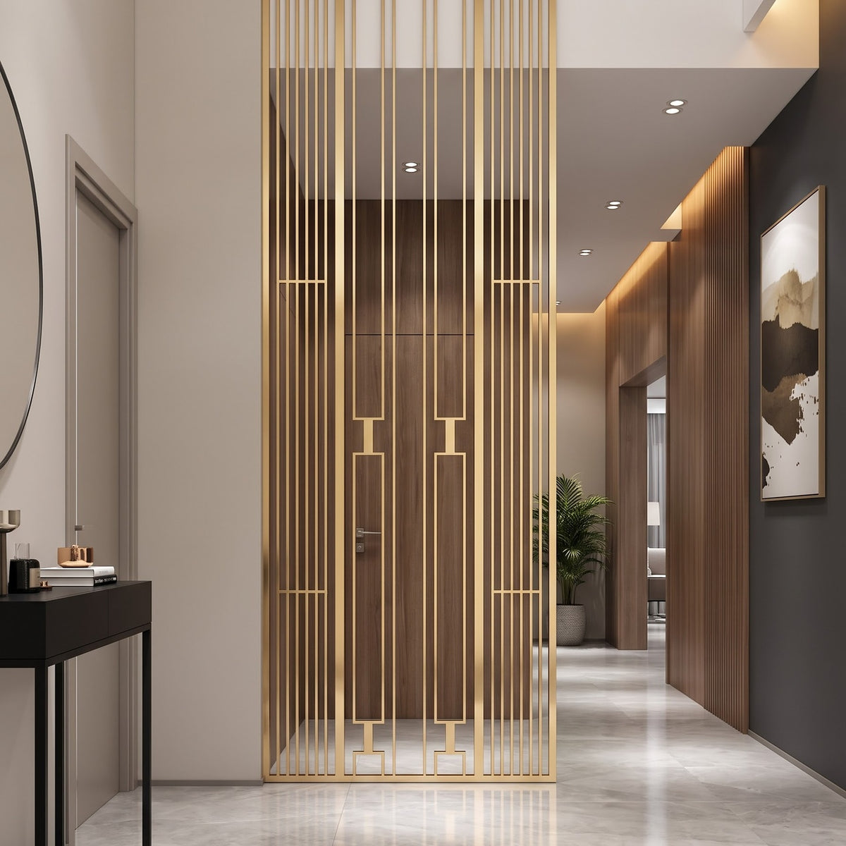 Luxury Golden Metal Room Divider with Geometric Vertical Slats – Modern Decorative Partition Screen