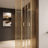 Luxury Golden Metal Room Divider with Geometric Vertical Slats – Modern Decorative Partition Screen