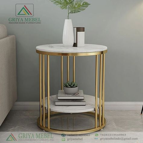 METAL PLATED SIDE TABLE WITH DOUBLE MARBLE TOP