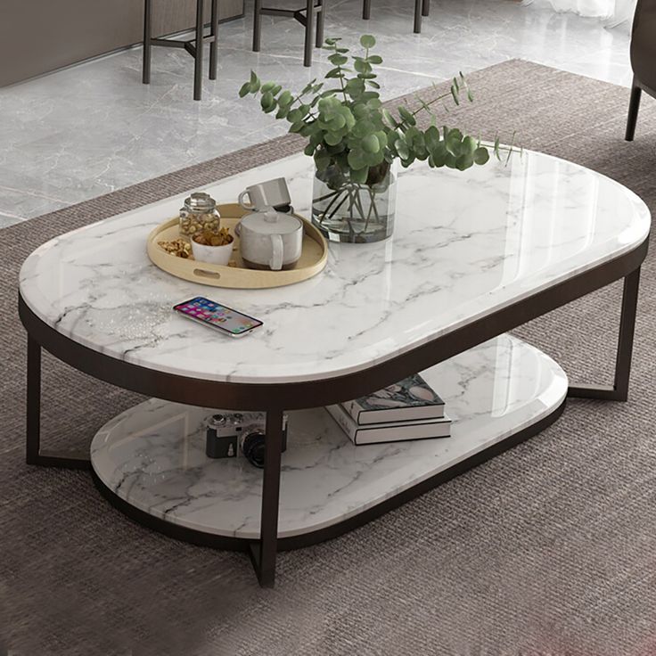 Black Half Round Centre Table With White Marble Top