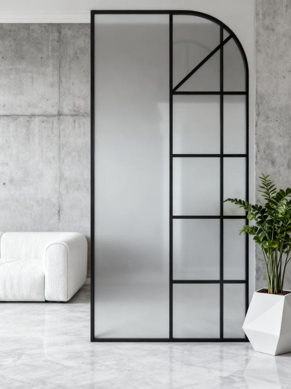 Modern Black Frame Arched Glass Room Divider – Luxury Frosted Glass & Geometric Designer Partition