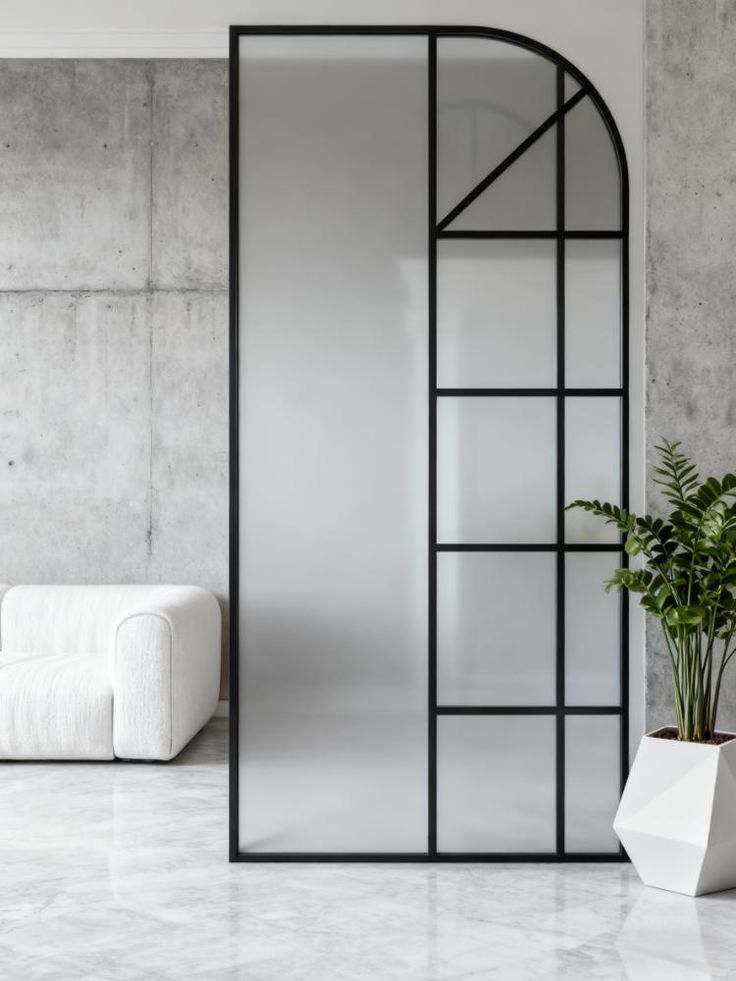 Modern Black Frame Arched Glass Room Divider – Luxury Frosted Glass & Geometric Designer Partition